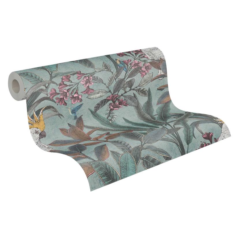 Papel pintado de jungla con cacatúa - Papel no tejido en verde rosa amarillo - Papel pintado de mues