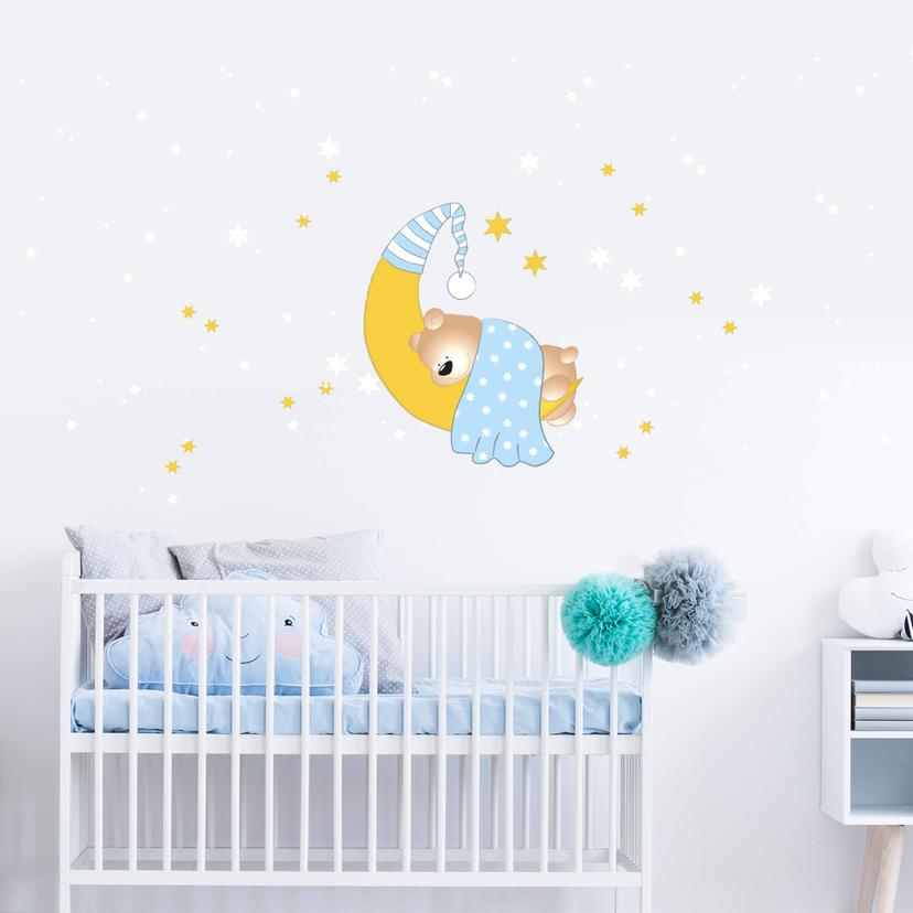 Sticker mural - Ourson, lune et étoiles (bleu) + sticker phosphorescent