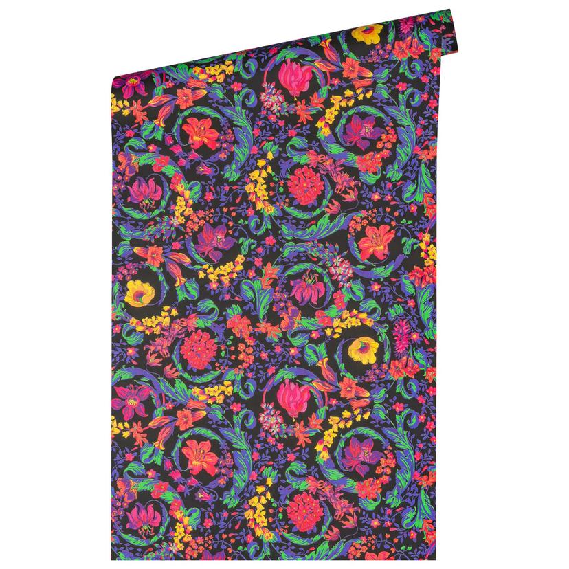 Carta da parati Versace in tessuto non tessuto colorato e nero con fiori design Floral