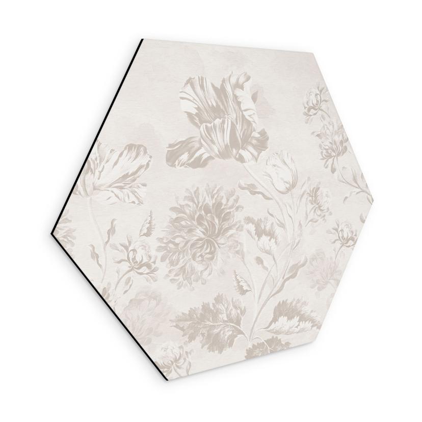 Sekskantet Billede af vilde blomster i kridtlook Greige - Bloomery Decor - Alu-Dibond