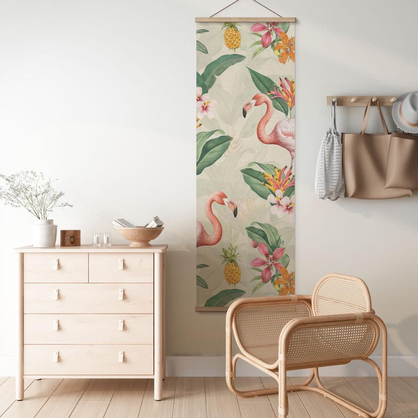 Textielposter Flamingo en tropische bladeren - Bloemdecor - Panorama