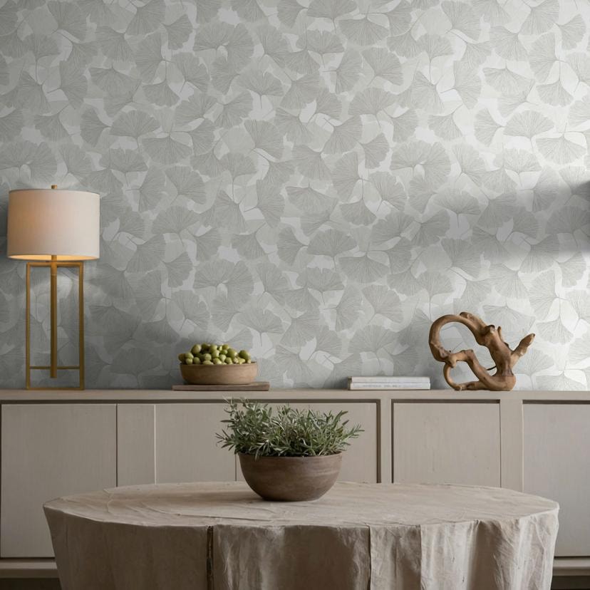Papel pintado no tejido 3D, hojas naturaleza floral mate en gris blanco