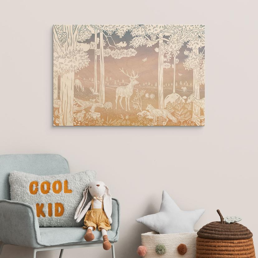 Stampa su legno Foresta tranquilla con cervi e volpi - Ombre - Kikki Belle