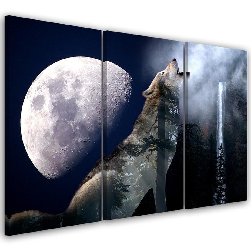 3 stykke lærredsprint, Wolf Nature Moon Fog