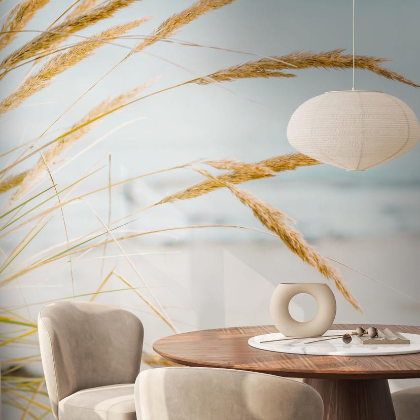 Fototapet med klitgræs lyseblå beige - 3,75 x 2,50 m - Ikke-vævet tapet