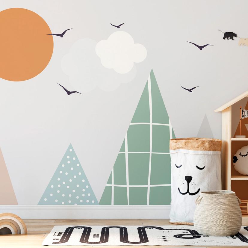 Fototapet bjerge moderne beige grøn 3,75 x 2,50 m - Børnetapet Scandi style non-woven