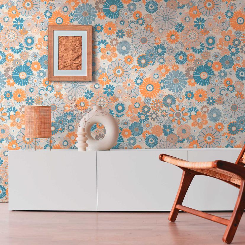 Vintage blomstertapet blå orange - blomstertapet i retrostil - Ikke-vævet tapet