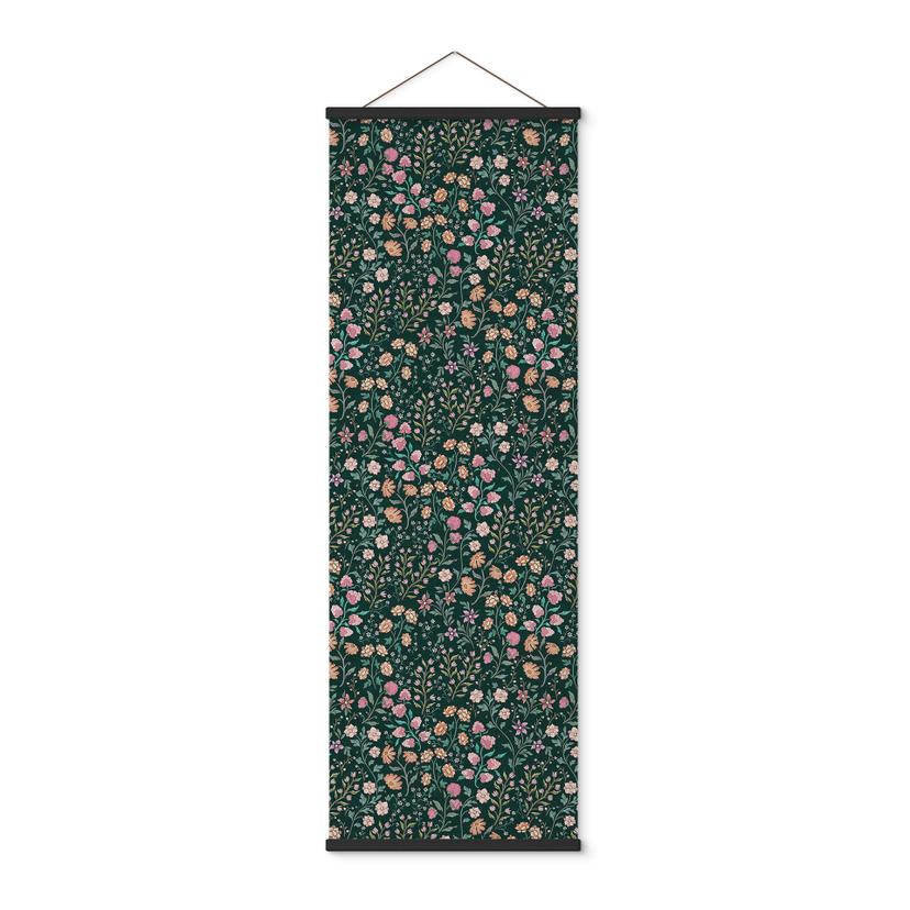 Tekstil plakat med vintage engblomster - Mørkegrøn - Blomsterdekoration - Panorama