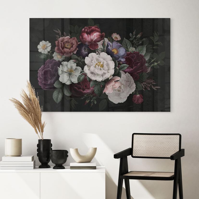 Stampa su vetro acrilico Natura morta di fiori in stile Redouté - Bloomery Decor