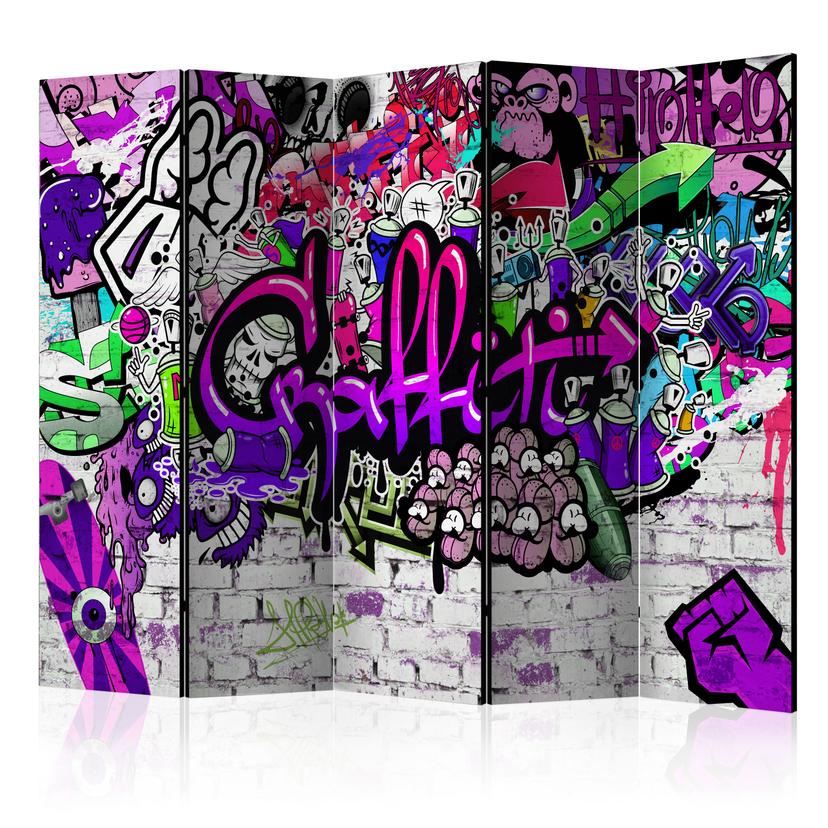 Skærm til rumdeling - Lilla graffiti, 5-delt - 225x172 cm