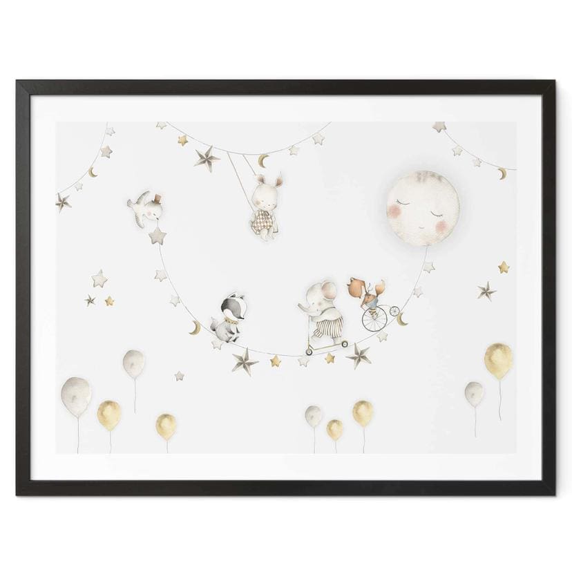 Póster para habitación infantil Animales felices con cielo estrellado - Oliver Robins