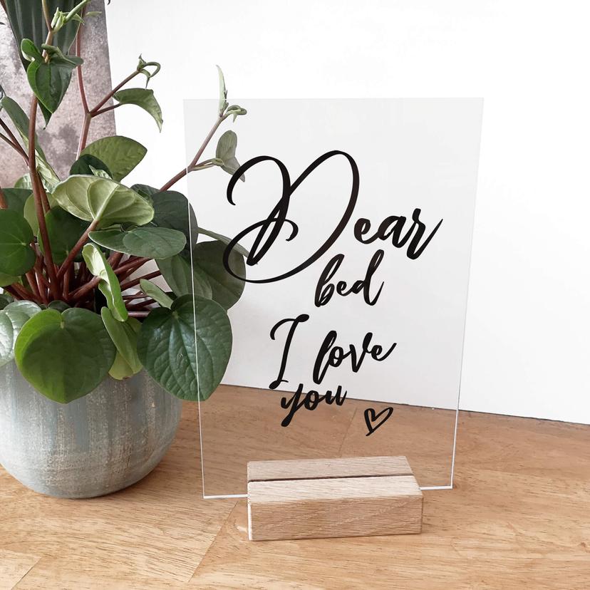 Tischaufsteller Dear bed I love you