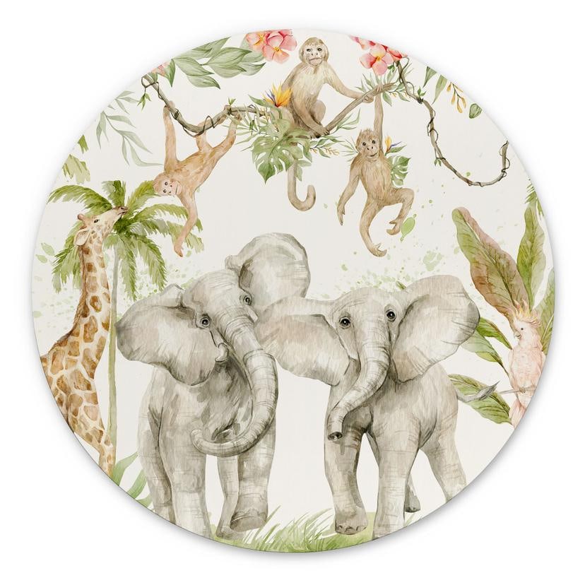 Vægcirkel Dyr i den tropiske jungle - UN Designs – print på aluminium (Alu-Dibond)