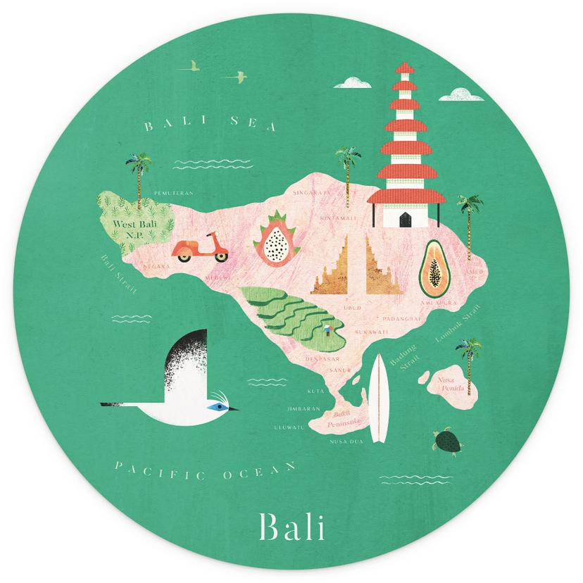 Fotomurale tondo Mappa di Bali - Rivers - carta da parati in tessuto non tessuto/carta da parati in