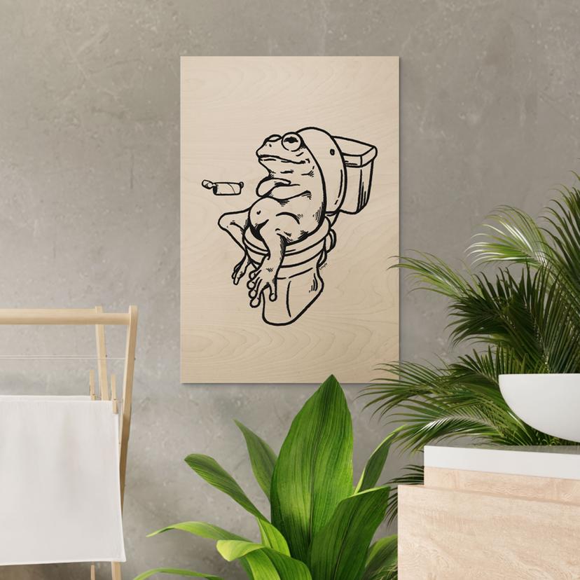 Stampa su legno Aspettando alla toilette - Illustrazione umoristica di una rana - Royle
