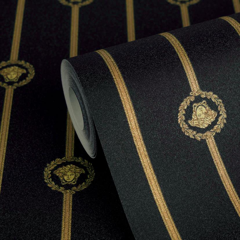 Versace Papel pintado no tejido I Love Baroque stripes Medusa negro oro lujoso