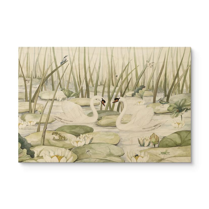 Tableau sur bois Deux cygnes dans l'étang - Kikki Belle