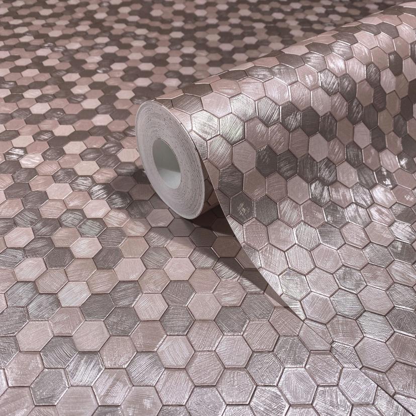 Papel pintado no tejido hexagonal, aspecto de azulejo metálico moderno, geométrico brillante en rosa