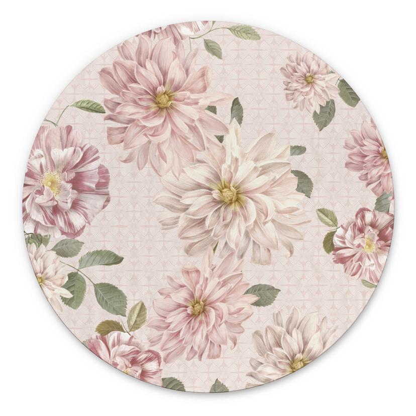 Billede af Dahliaer Shabby Chic Pink - Bloomery Decor - rund – print på aluminium (Alu-Dibond)