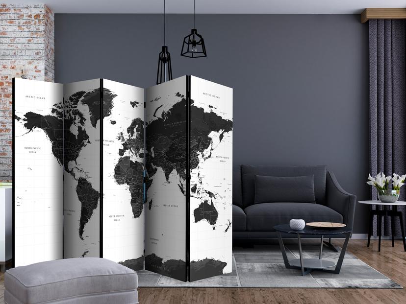 Schermo divisorio - Mappamondo in bianco e nero , 5 pezzi - 225x172 cm