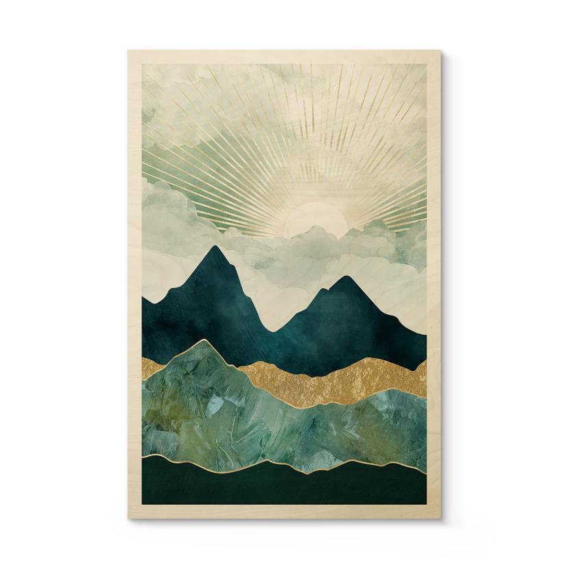 Cuadro de madera Paisaje soleado en azul y dorado - SpaceFrog Designs