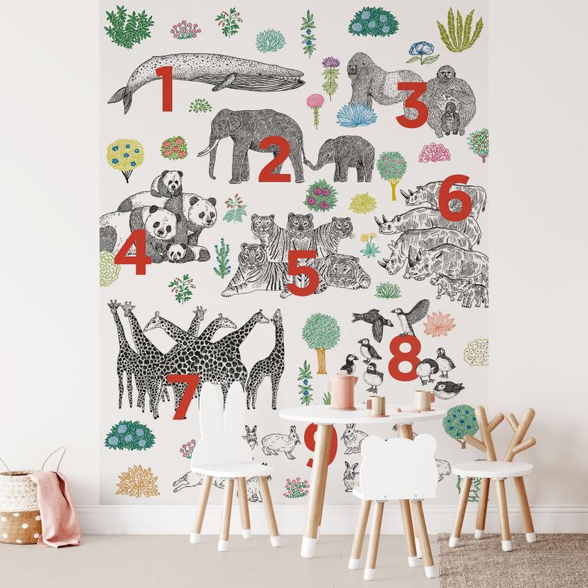 Papier peint photo Illustration d'animaux de zoo avec des chiffres - Walentynowicz