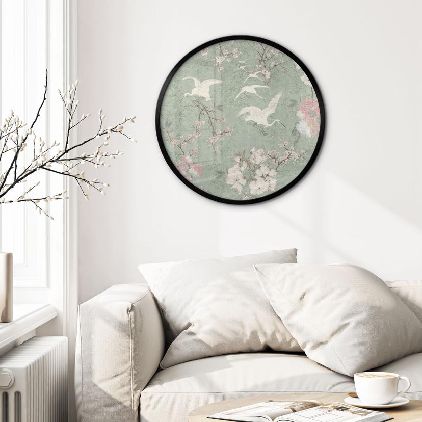 Poster Tranor i körsbärsblom Rush Green - Blomstersmycke - Dekor - Rund