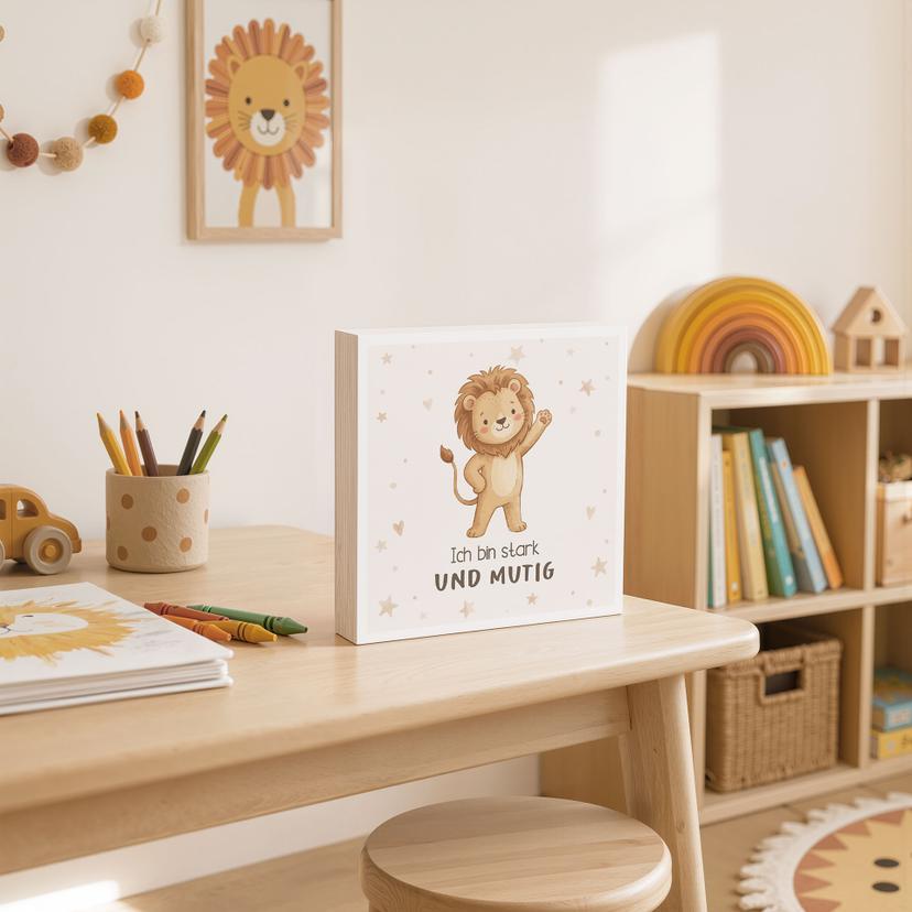 Holzbild zum Hinstellen - Löwe mit Mutmachspruch 'Ich bin stark und mutig'