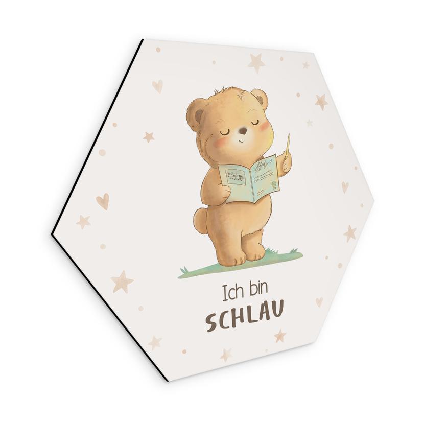 Alu-Dibond Hexagon mit Bär und Buch - positiver Spruch 'Ich bin schlau'