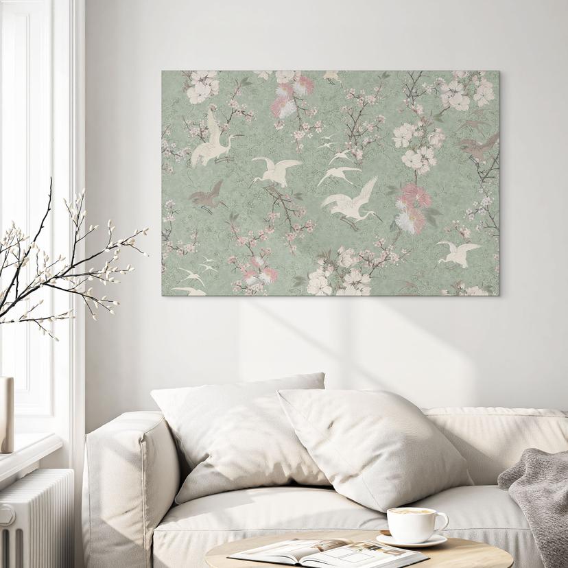 Stampe per pareti Cranes in cherry blossom intoxication green - Bloomery Decor - Alu-Dibond