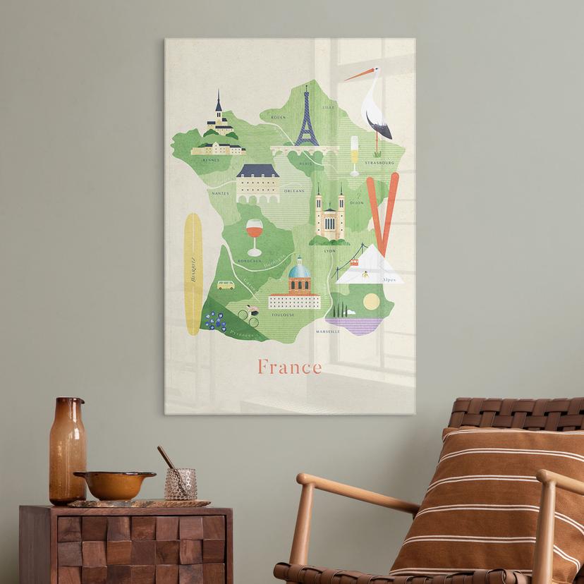 Glasbild Karte von Frankreich - Rivers