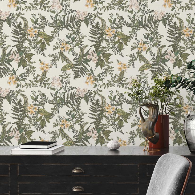 plantetapet med blomster hvid grøn - non-woven tapet med blomstermotiver