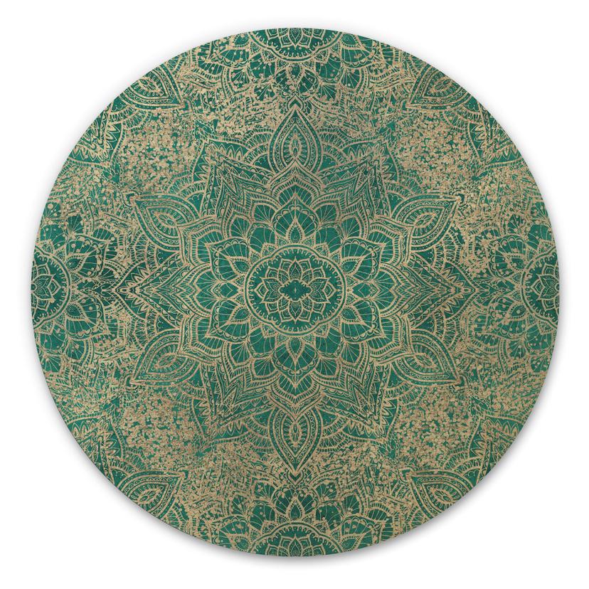 Billede af træ Mandala Boho Guldgrøn - Blomsterdekoration - Rund