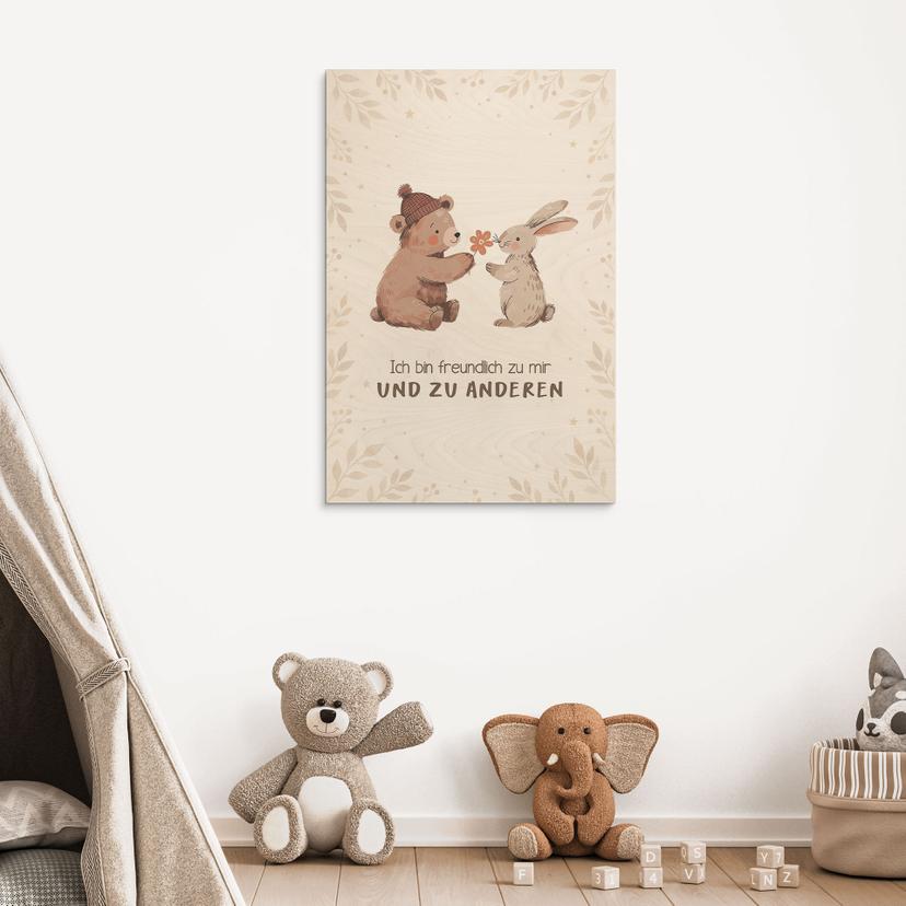 Holzbild mit Bär und Hase - Affirmation 'Ich bin freundlich' fürs Kinderzimmer