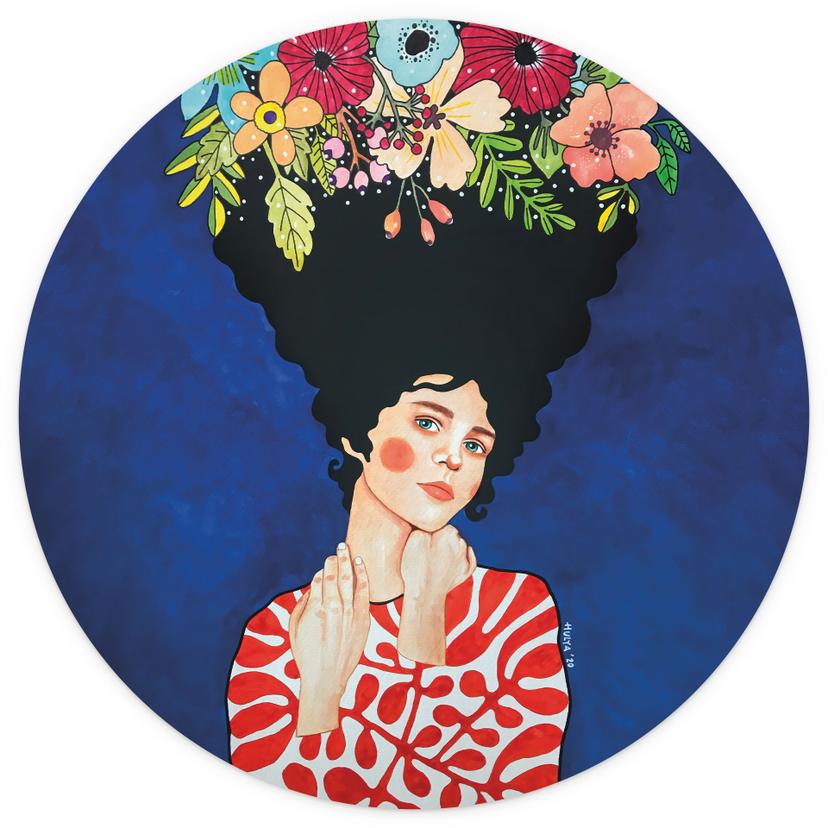 Fotomurale Donna con fiori nei capelli - Hülya - Rotondo - Autoadesivo/non tessuto