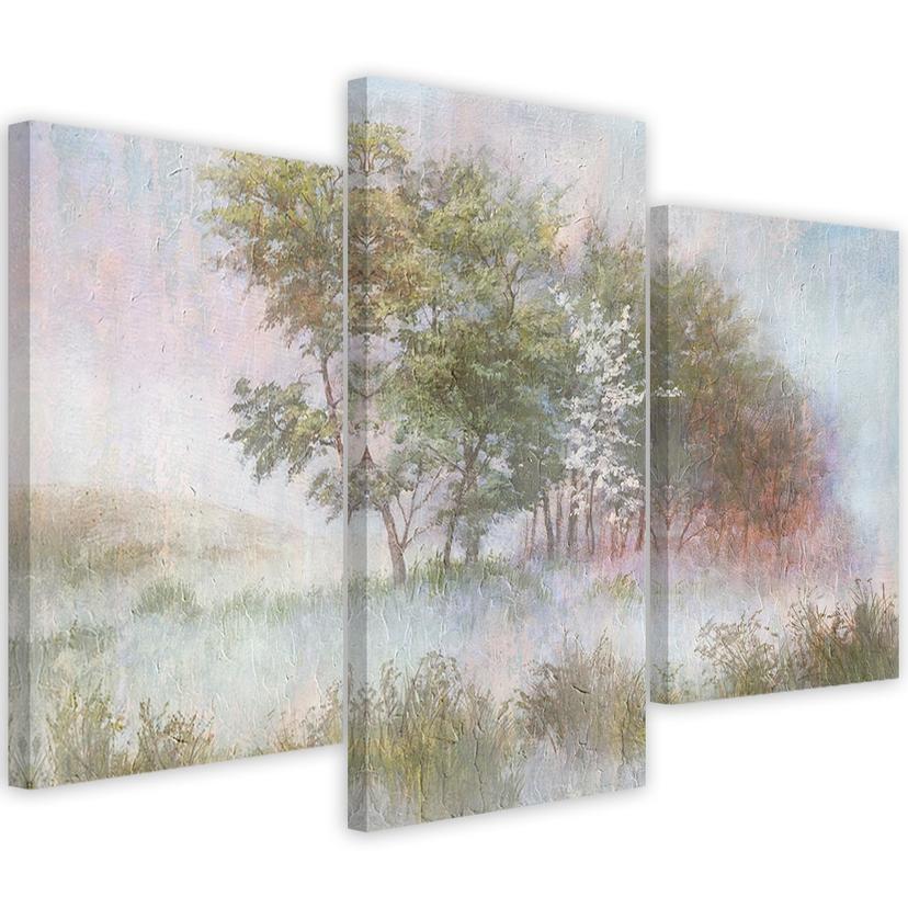 Tableau sur toile 3 volets, arbres sur une prairie brumeuse