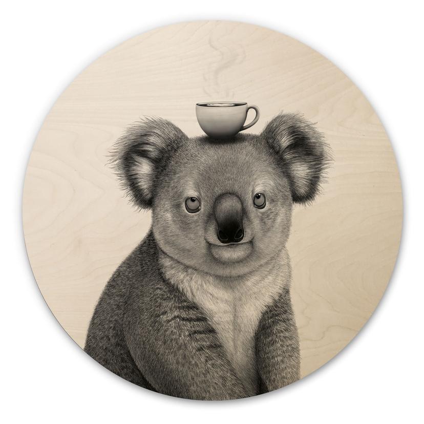 Tableau sur bois Rond Koala avec café - Korenkova