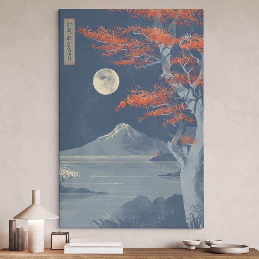 Stampe su tela con la luna piena sulla cima del Fuji-san | Vintage Art - Roze