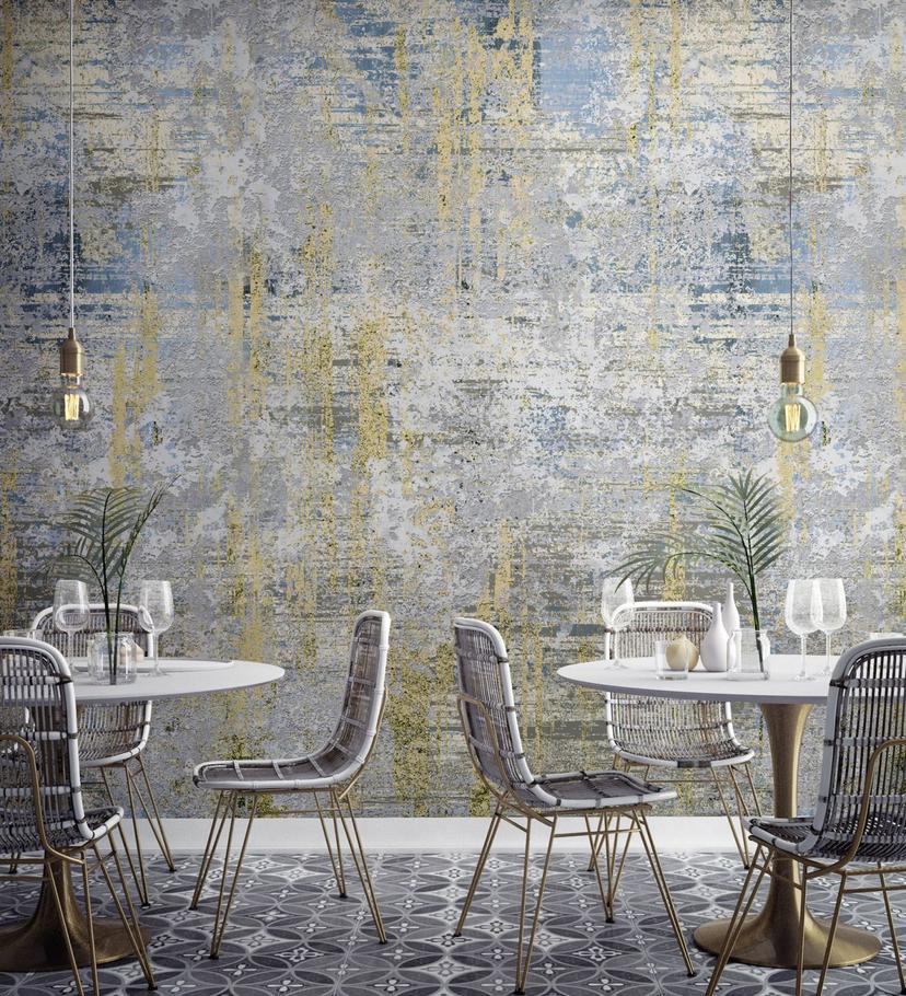 Fotomurale con motivo astratto in patina blu, grigio e oro 3,4 x 2,65 m