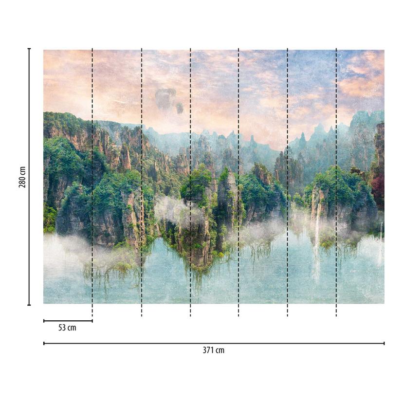 Fotomural fantasia paisaje montañas verde azul - Papel pintado no tejido con motivo de niebla para s