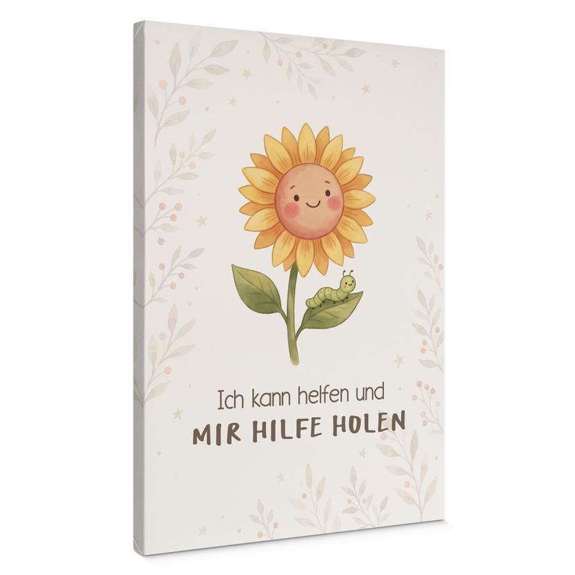 Leinwandbild mit Sonnenblume und Raupe - Affirmation 'Ich kann helfen' für Kinder
