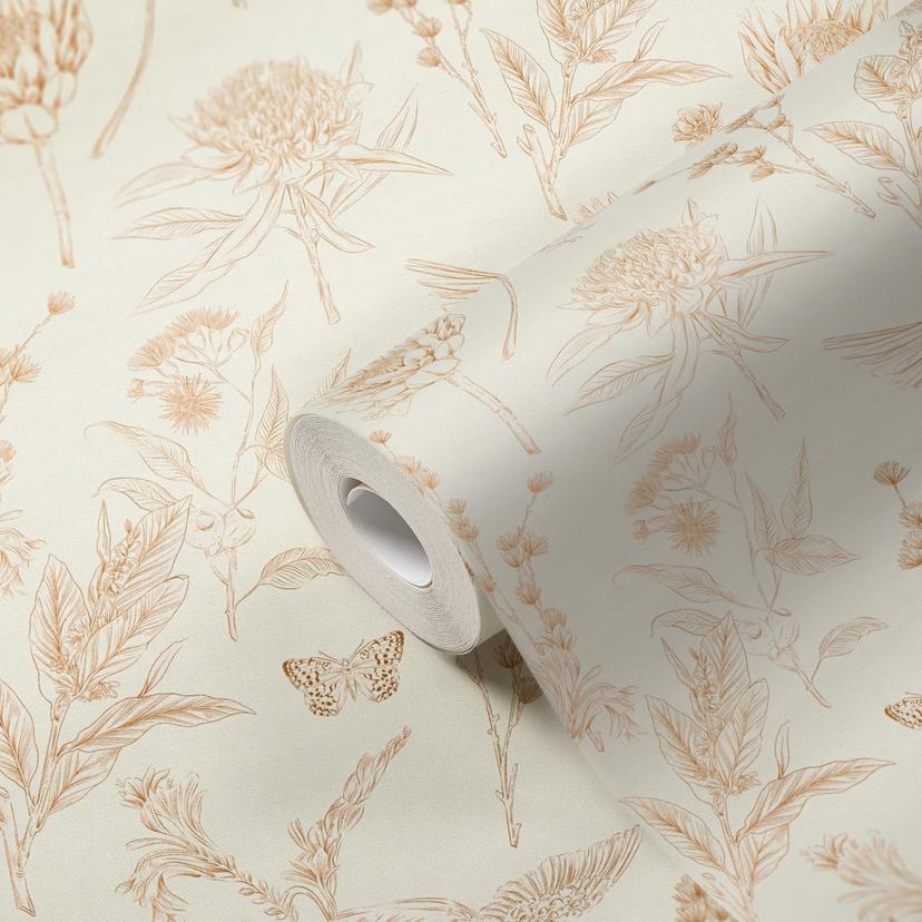 Papel pintado no tejido con flores y pájaros blanco marrón - papel pintado floral en estilo dibujo