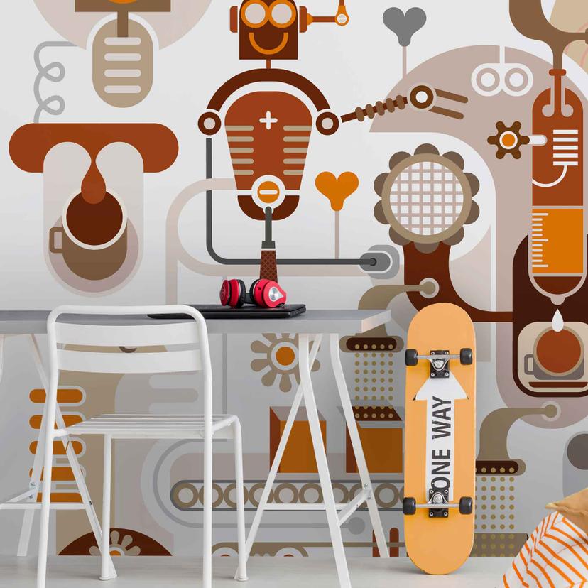 Retro Robot tapet i hvid beige - non-woven tapet Designwalls 2 - 2,55 x 3,5 m