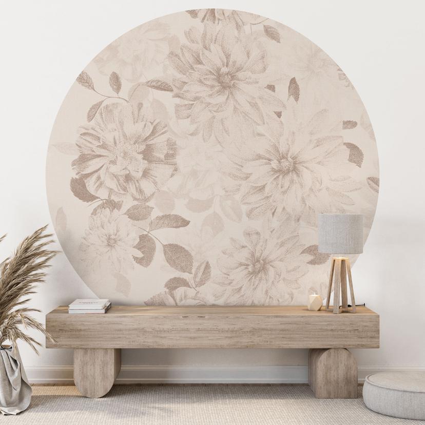 Papier peint photo dahlia shabby chic beige - Bloomery Decor - rond - adhésif/non tissé