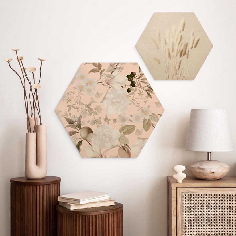 Hexagon-Holzbild Boho-Illustration mit Blumen und Früchten - UN Designs