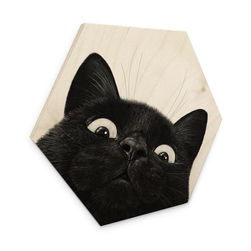 Tableau sur bois Hexagonal Chat noir amusant - Korenkova