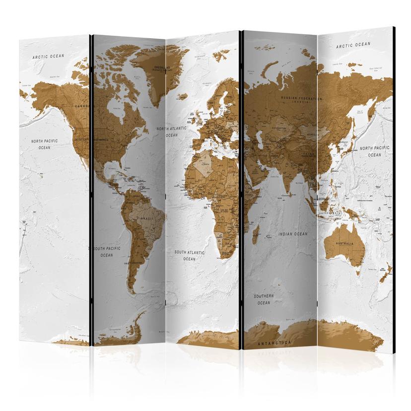 Screen room divider - Verdenskort - Hvide oceaner, 5-delt - 225x172 cm