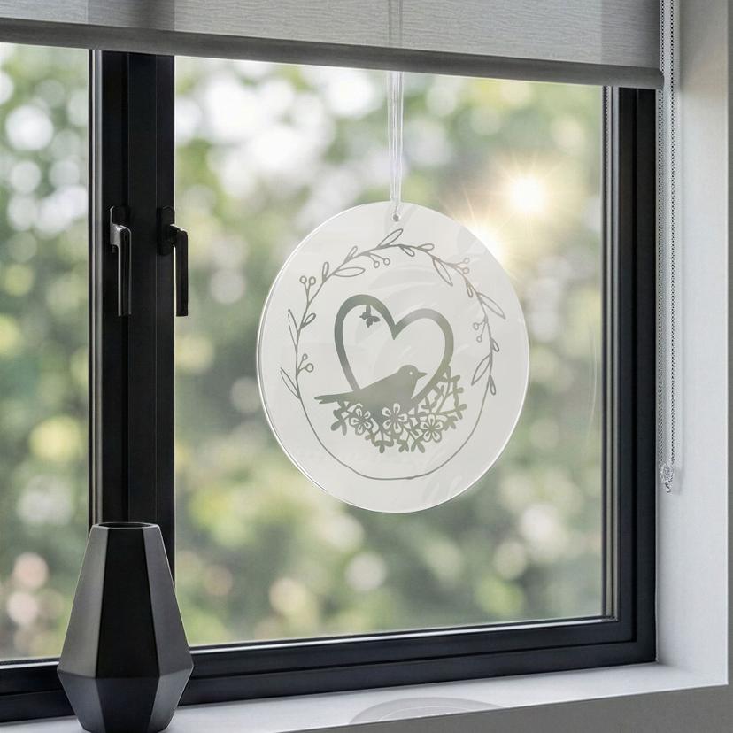 Akrylbillede, vinduesbillede til at hænge op Fugl i et blomsterhjerte - rund