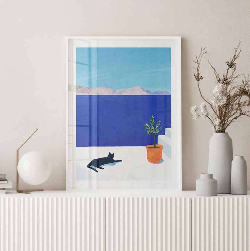 Poster motivo estivo - Siesta con gatto in riva al mare - Rivers