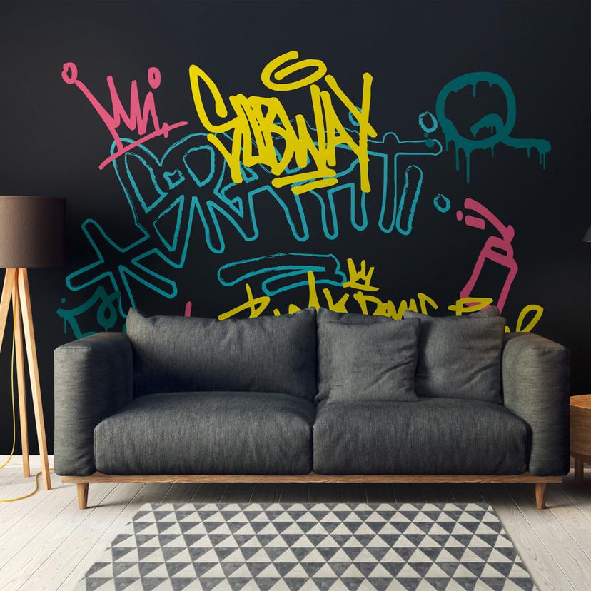 Fototapet Graffiti Subway Black Coloured 3,75 x 2,50 m - street art Ikke-vævet tapet urban